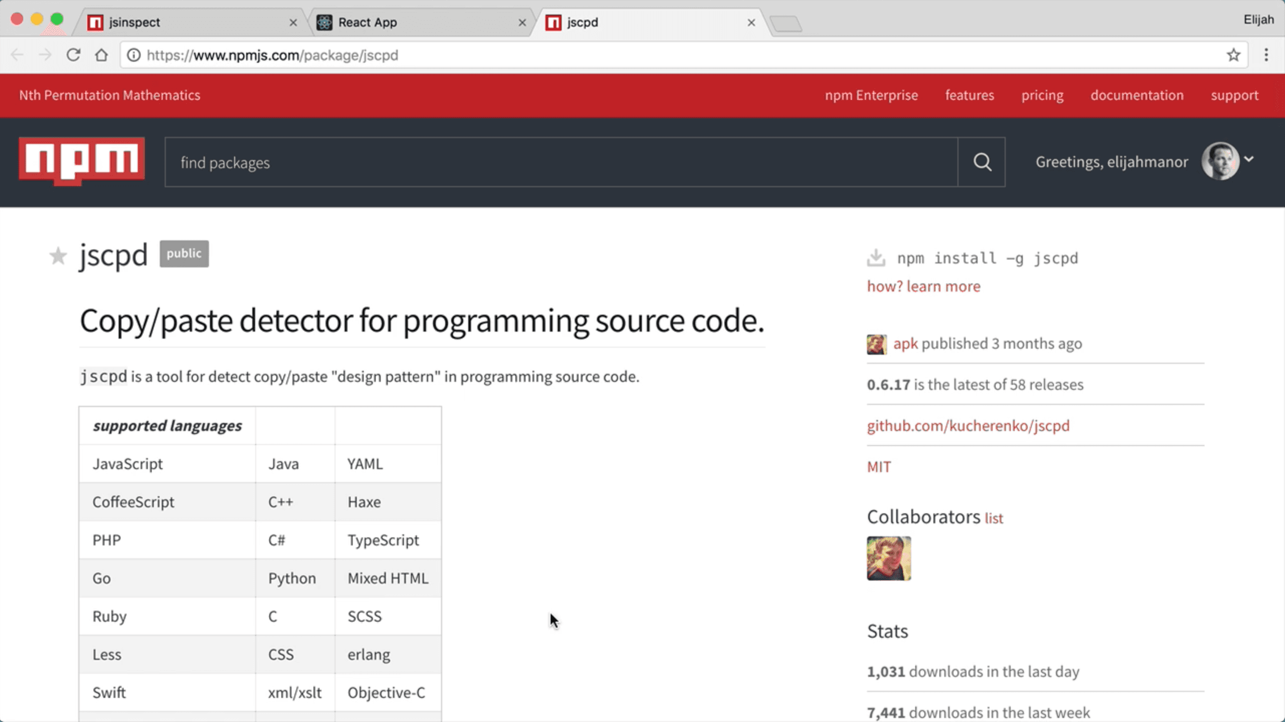 screenshot of jscpd on npm